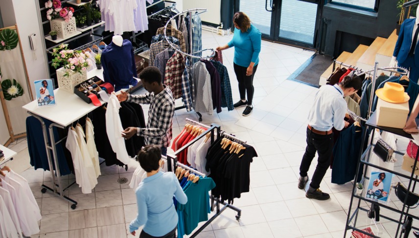 Top view of diverse customers checking stylish clothes, shopping for fashionable merchandise and accessories in modern boutique