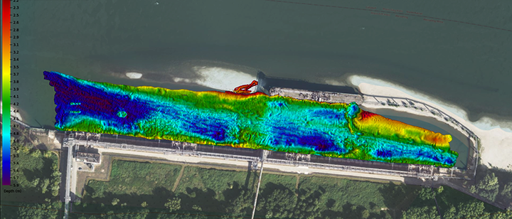 multi-colored digital scan of an industrial port