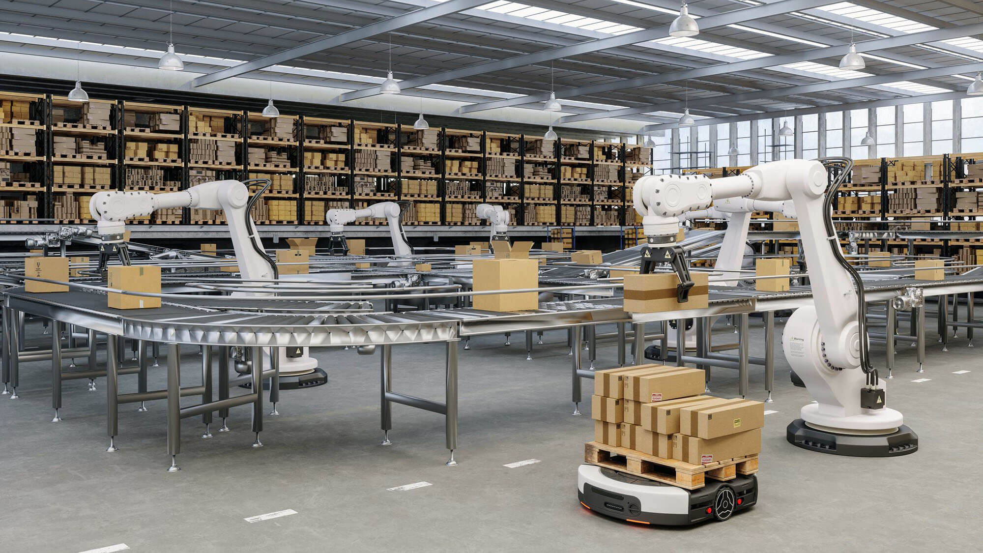 Distribution Warehouse With Automated Guided Vehicles And Robots Working On Conveyor Belt